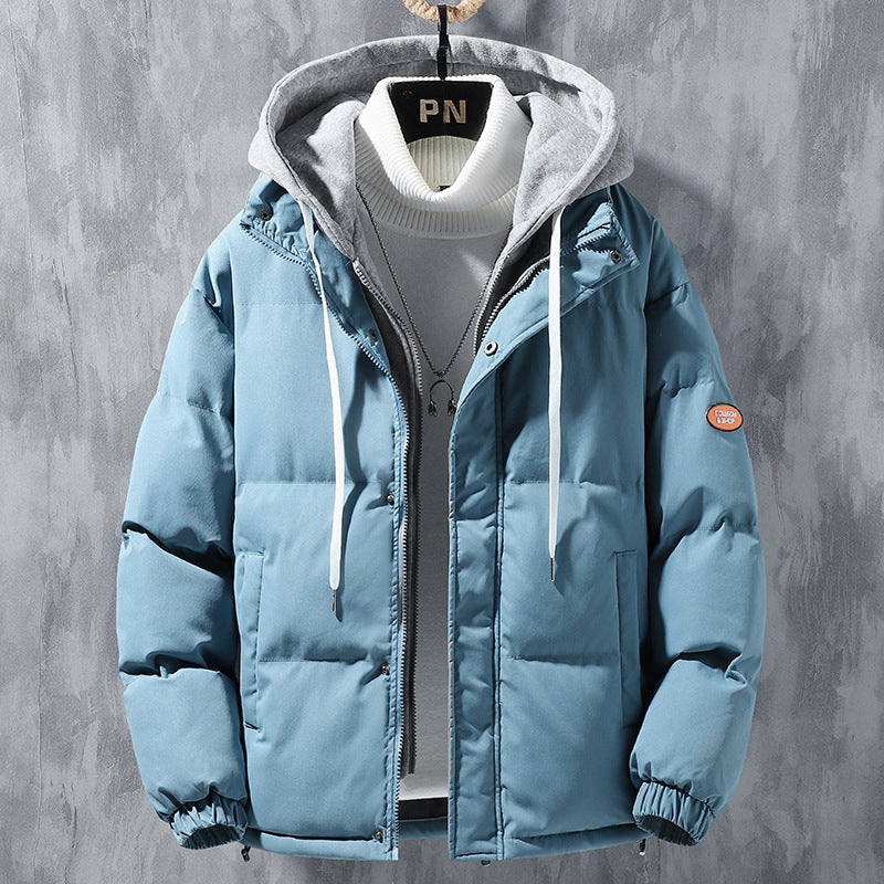 Men's hooded quilted puffer jacket with long sleeves and zip front