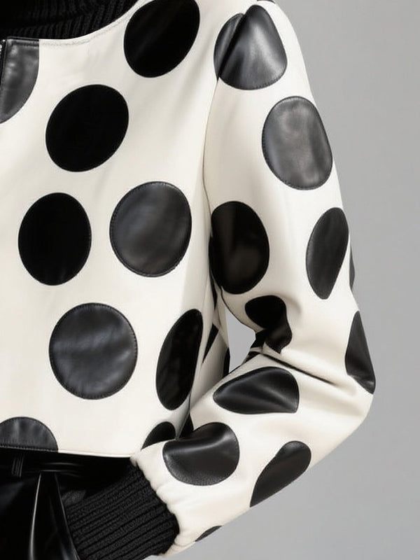 Women's cropped jacket with black polka dots, long sleeves and front zip