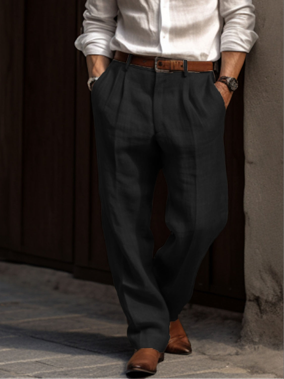 Men's Linen Trousers Relaxed Fit Pleated Waist - Green