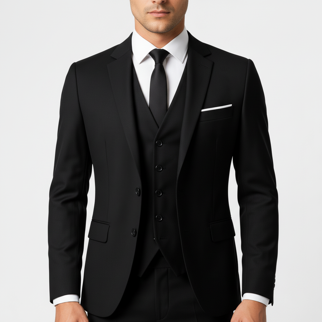 Men's three-piece suit with tailored jacket, waistcoat and trousers