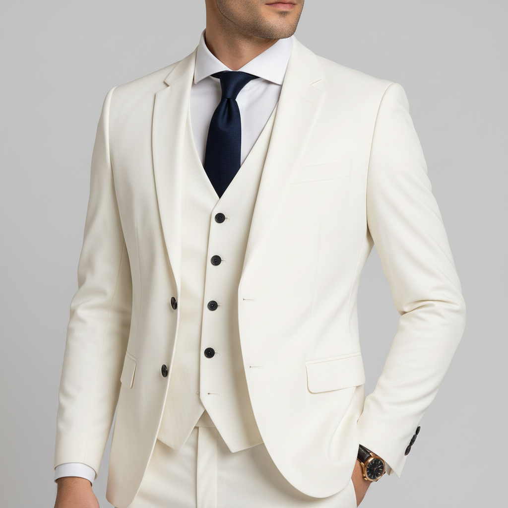 Men's three-piece suit with tailored jacket, waistcoat and trousers