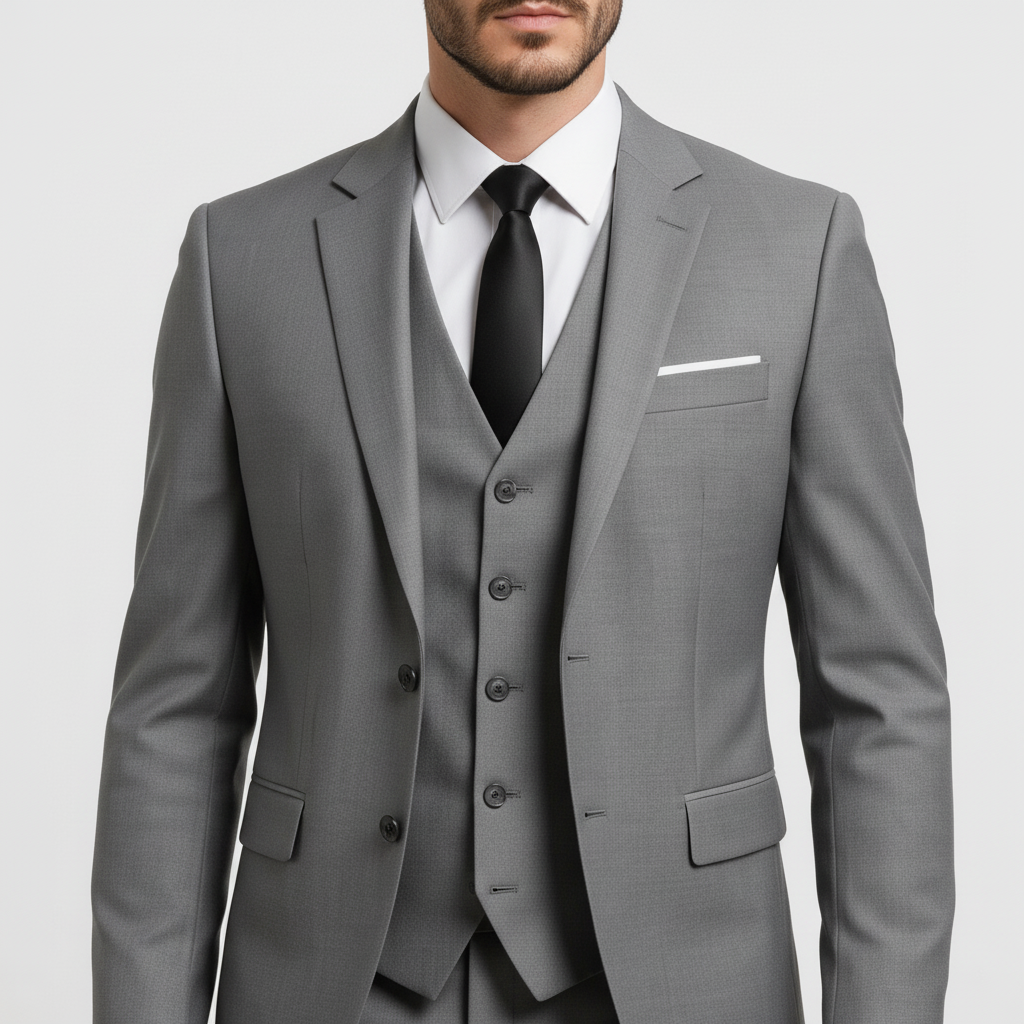Men's three-piece suit with tailored jacket, waistcoat and trousers