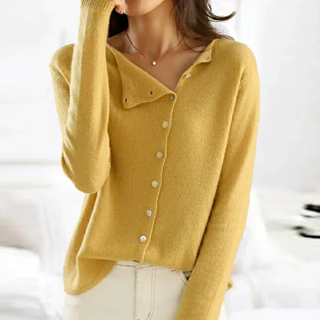 Women's long-sleeved button-front cardigan with ribbed trim