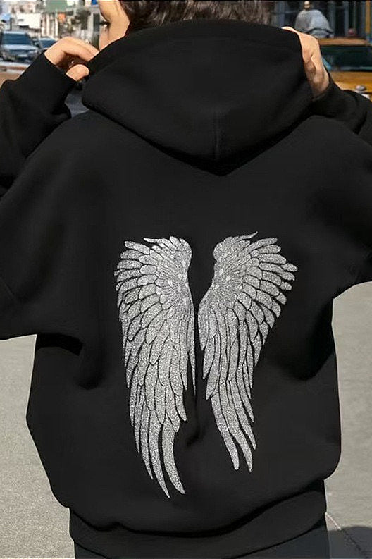 Women's hooded sweatshirt with large sequin wing graphic on the back