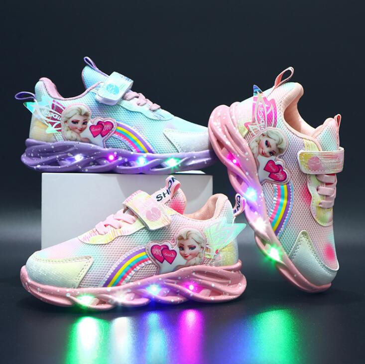 Girls' pink and purple light-up trainers with rainbow and character graphics