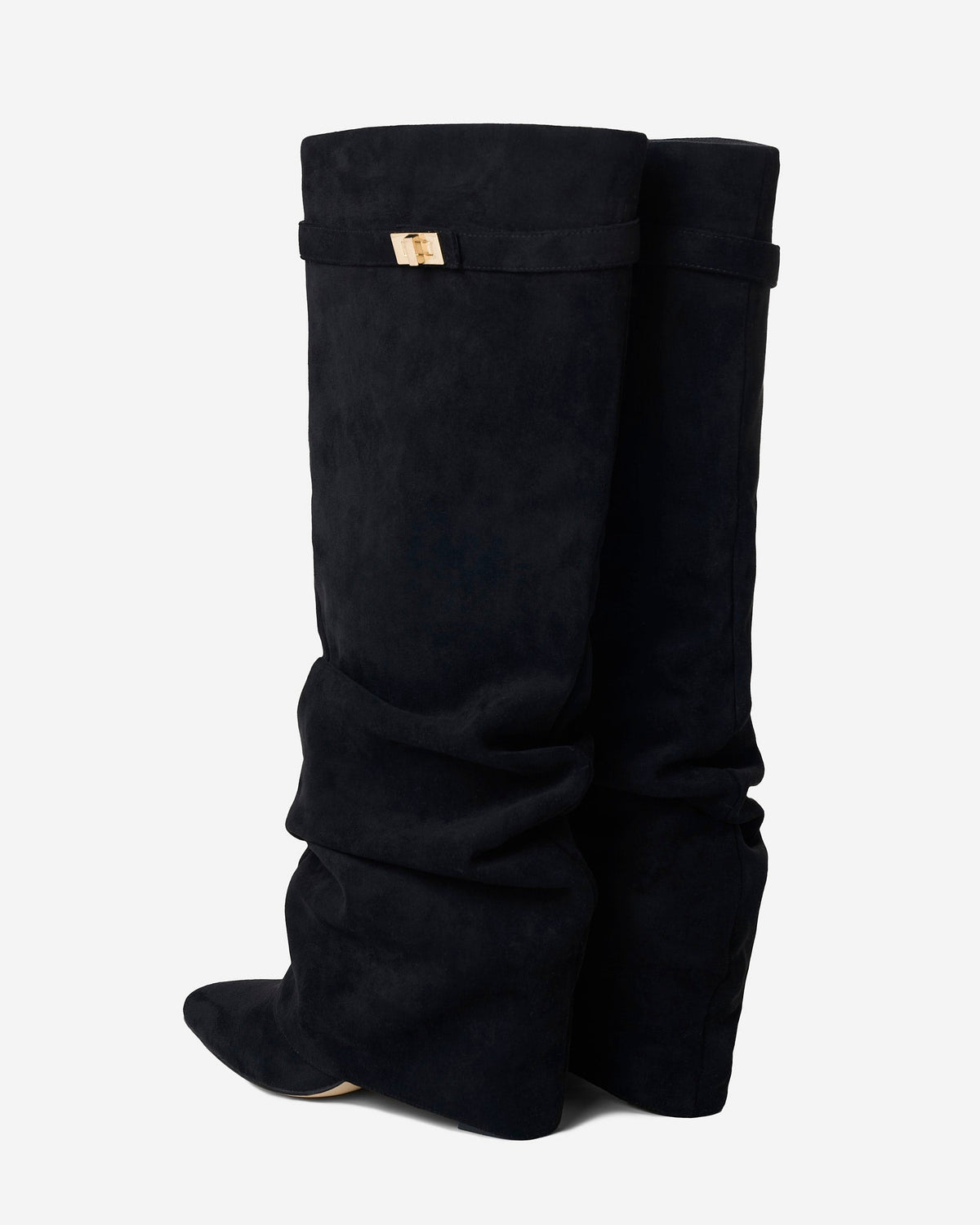 Black women's slouchy knee-high boots with pointed toes and gold-tone strap details