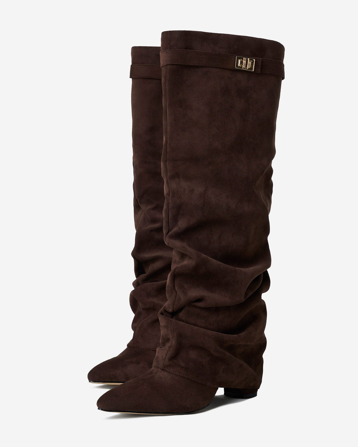Women's brown slouchy knee-high boots with pointed toes, buckle trim and low heels