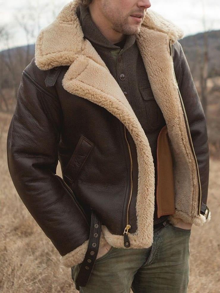 Men's dark brown aviator jacket with cream textured collar and trims