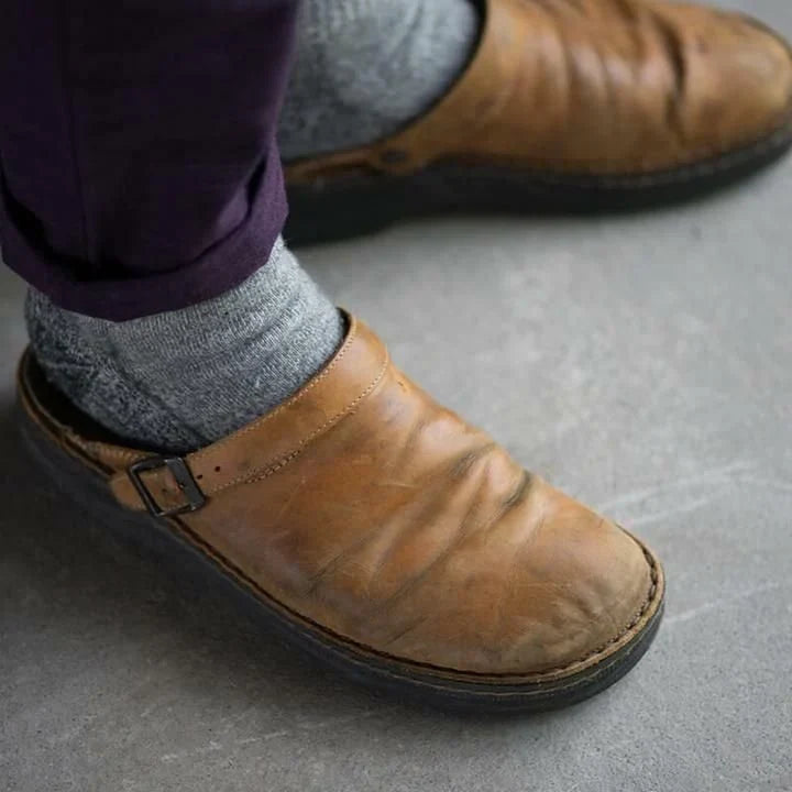 Men's Leather Clog Buckle Strap Slip-On - Beige