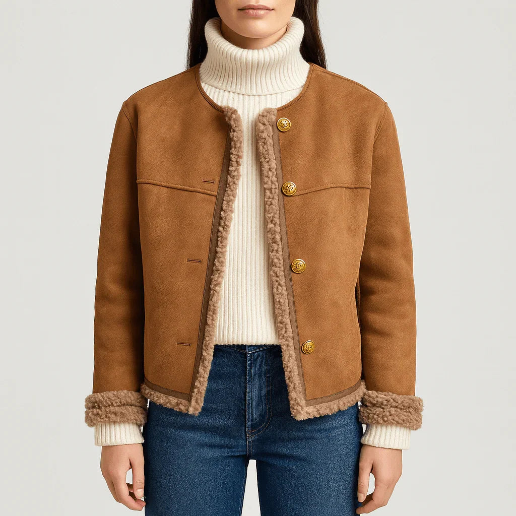 Women's brown cropped jacket with textured trim and gold-tone buttons