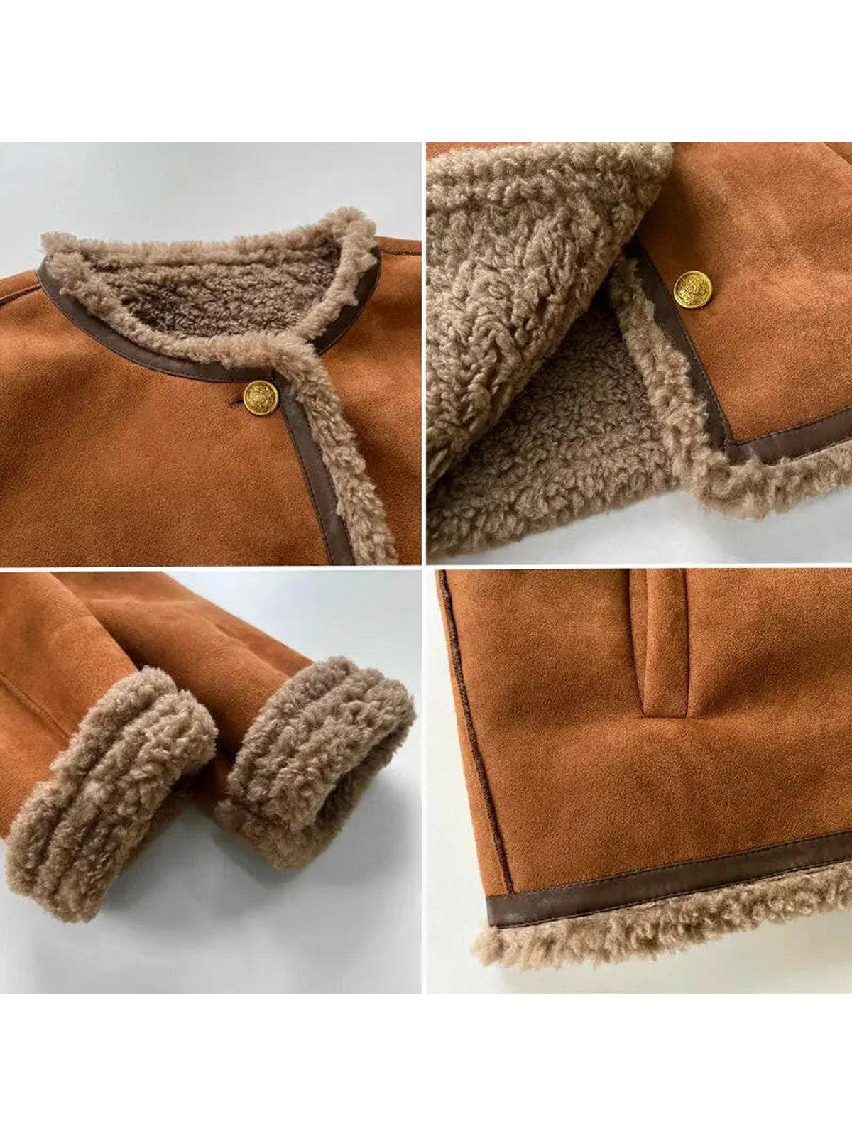 Women's brown cropped jacket with textured trim and gold-tone buttons