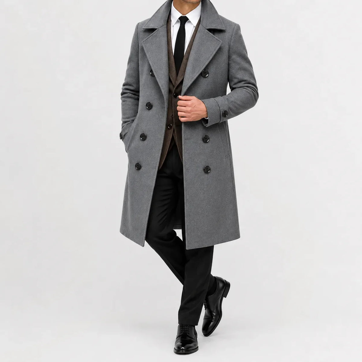 Men's long double-breasted trench coat with notched lapels and buttoned cuff tabs