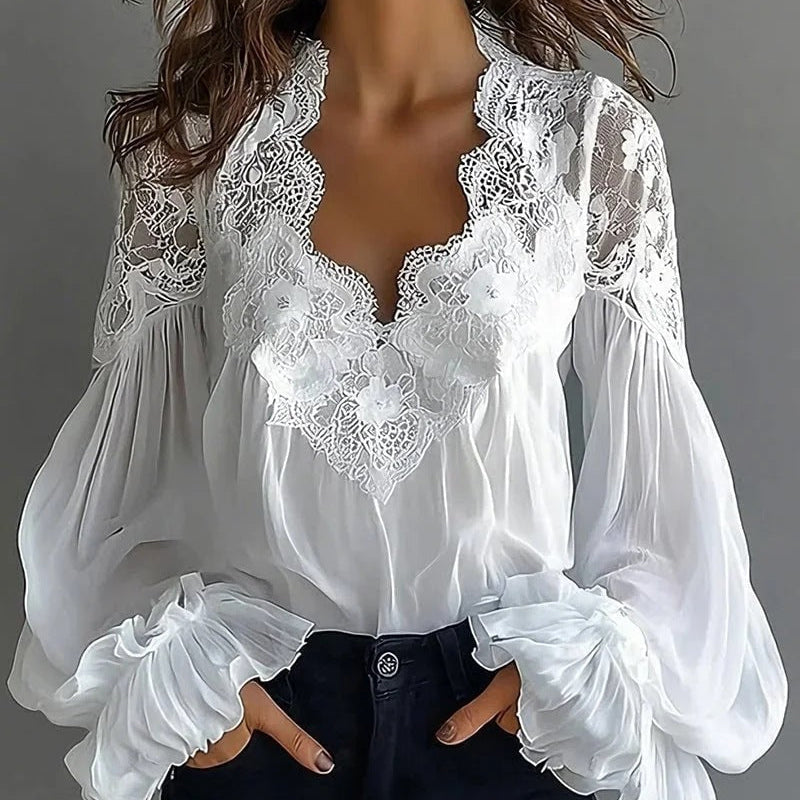 Women’s Lace Ruffle Blouse | Puff Sleeve V-Neck Top