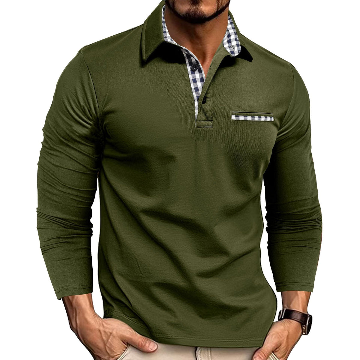 Men's long sleeve polo shirt with checked collar and chest detail