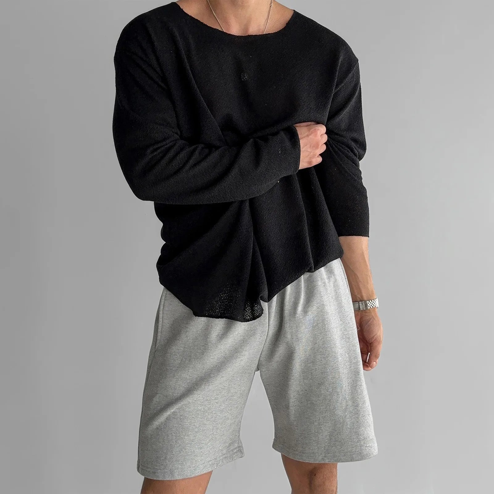 Men's Knit Jumper Open-Knit Long Sleeve Crew Neck - Black