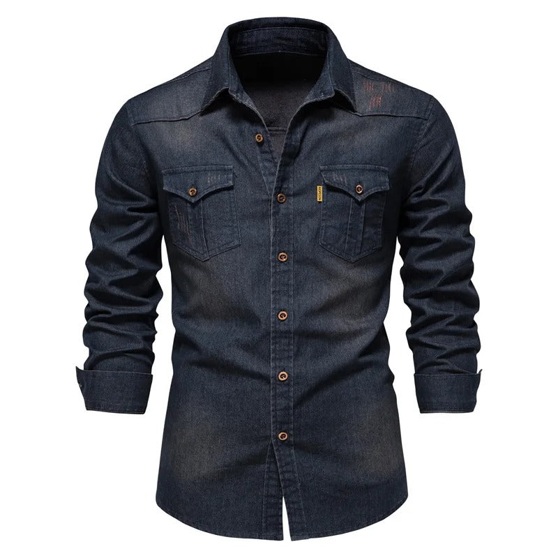 Men's Denim Shirt Western Dual Chest Pockets Long Sleeve - Navy