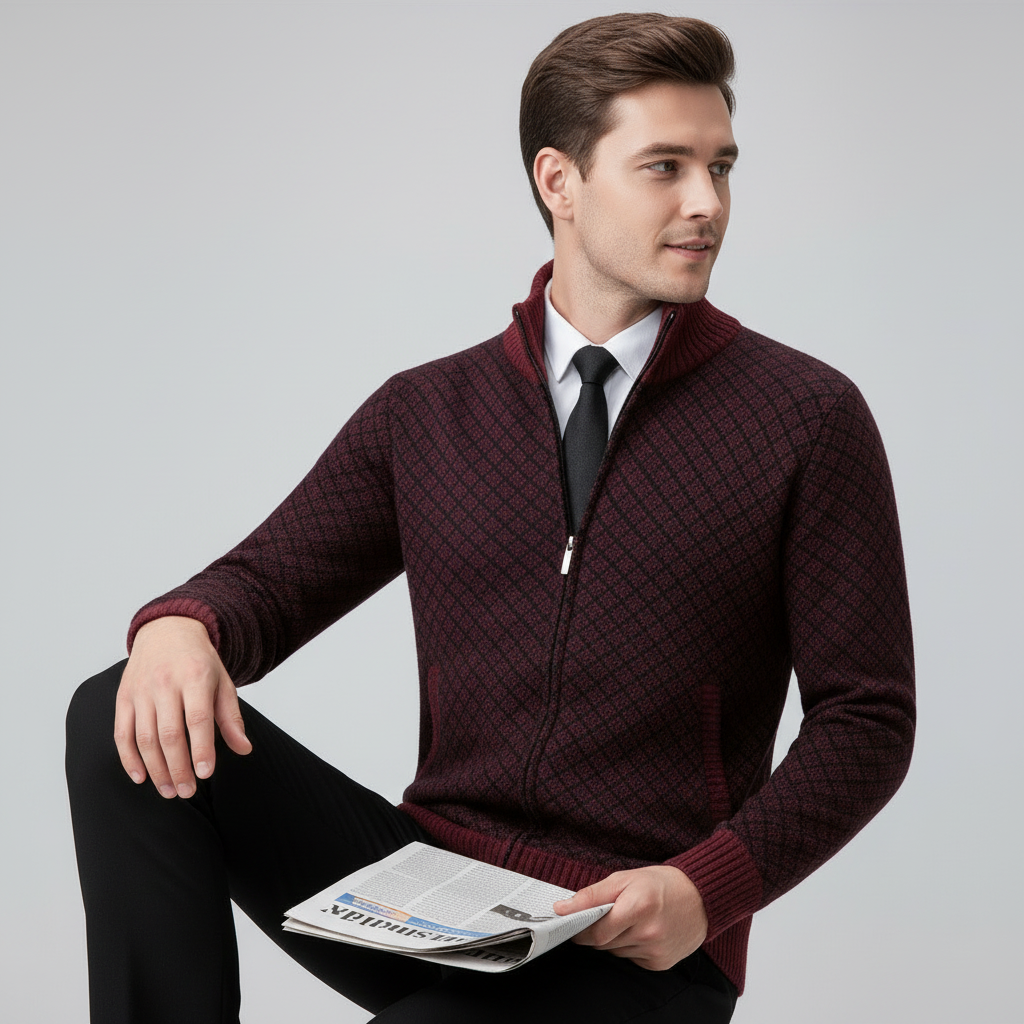 Men's geometric diamond pattern cardigan with mock neck and front zip