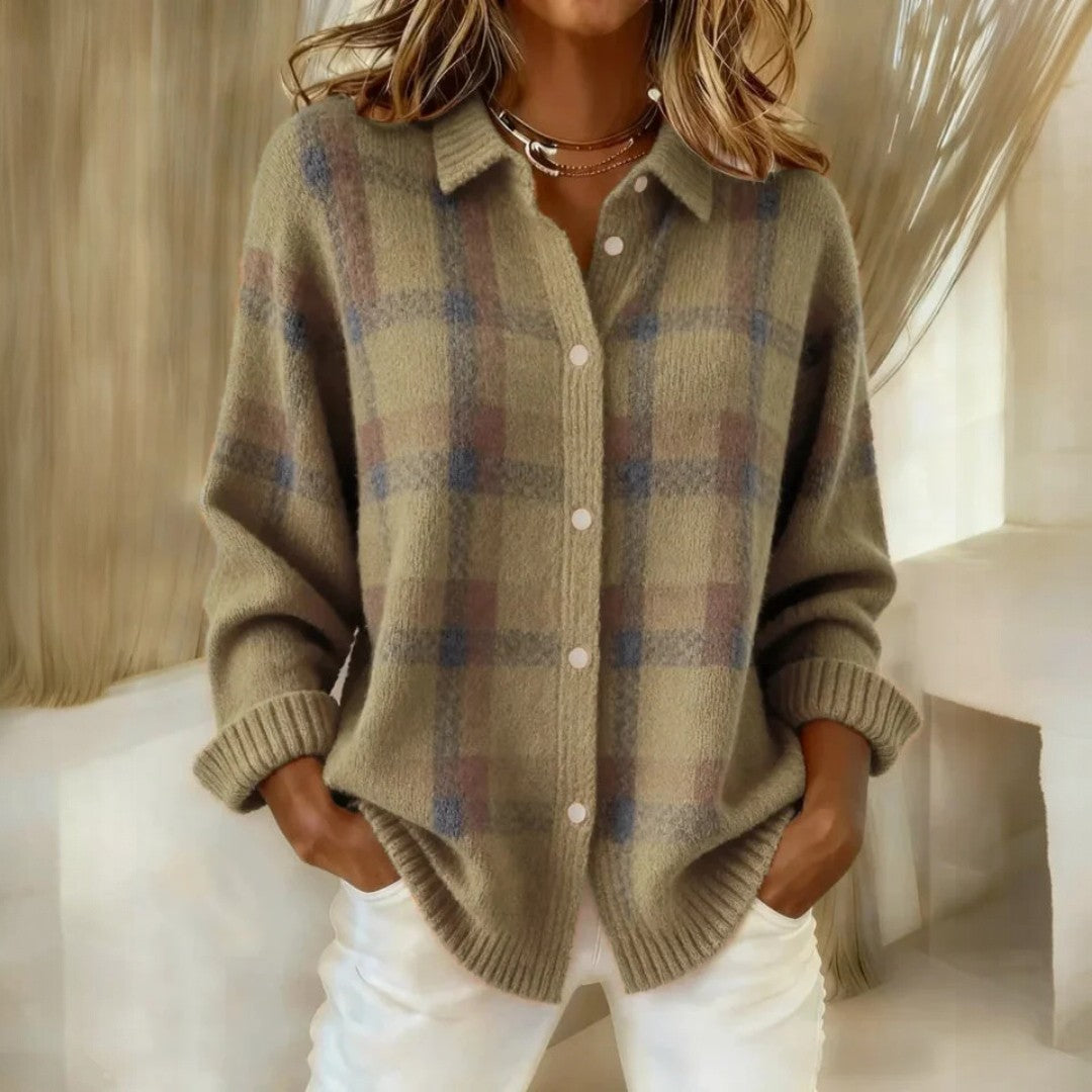 Women's long-sleeved checked collared jumper with button front and ribbed trims