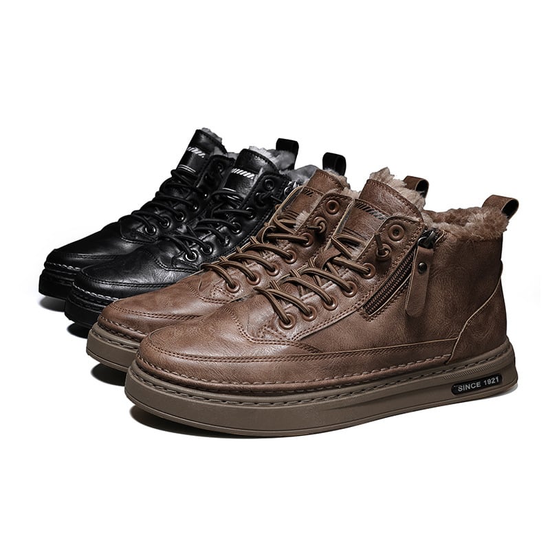 Men's lace-up fur-lined ankle boots with round toes and side zips