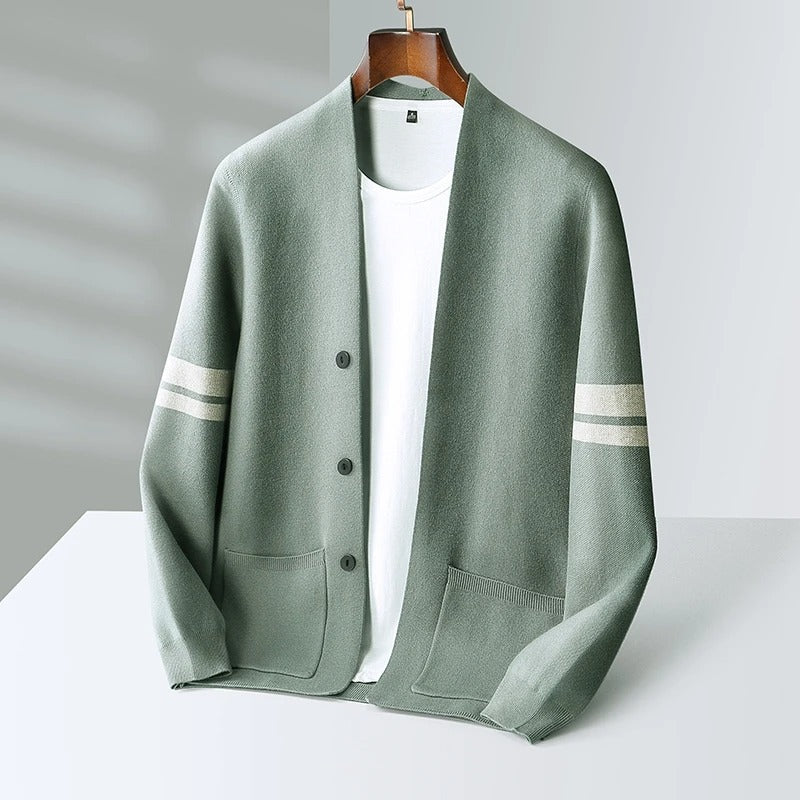 Men's long-sleeved striped cardigan with button fastening and front patch pockets