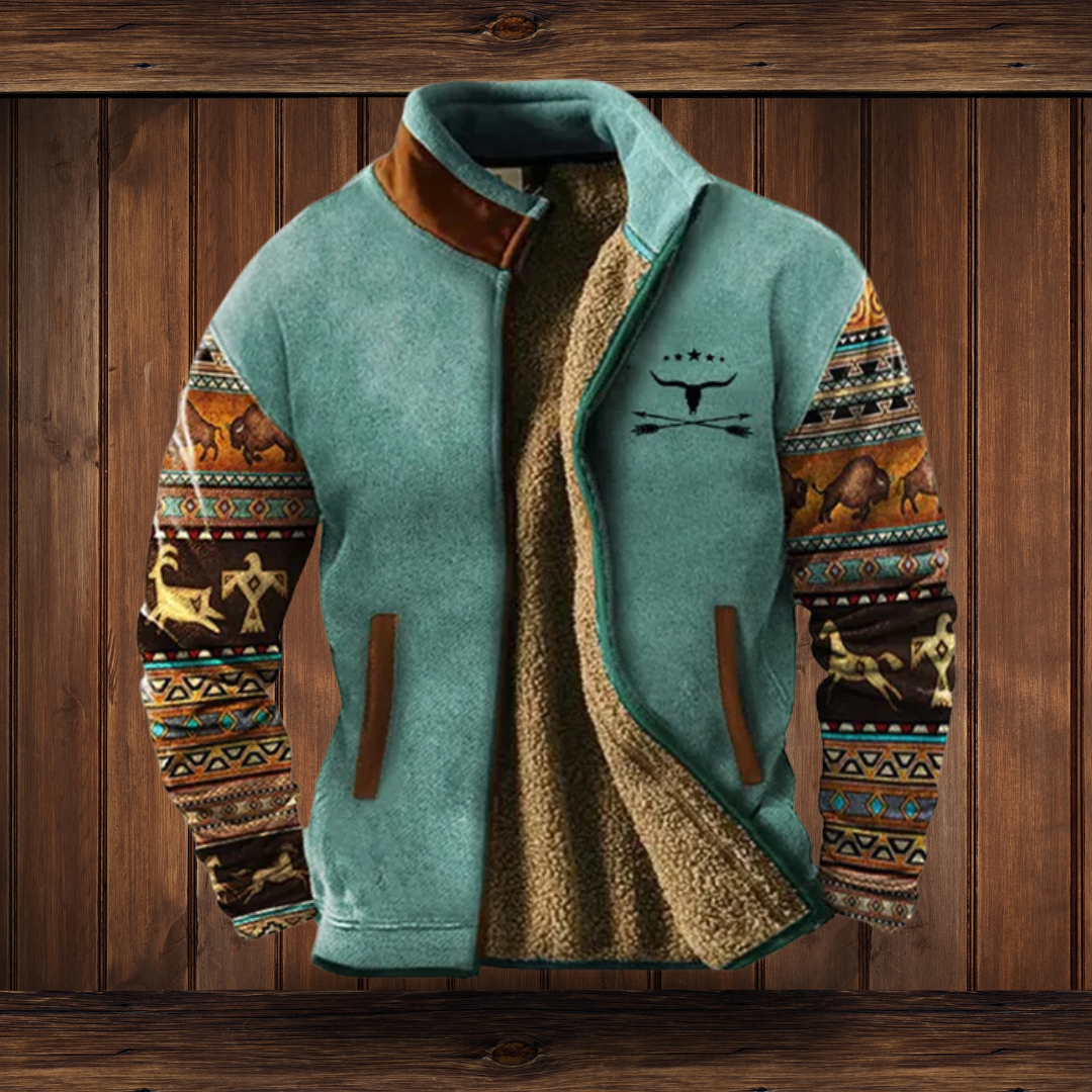 Men's Fleece Jacket Aztec-Sleeve Sherpa-Lined - Blue 2