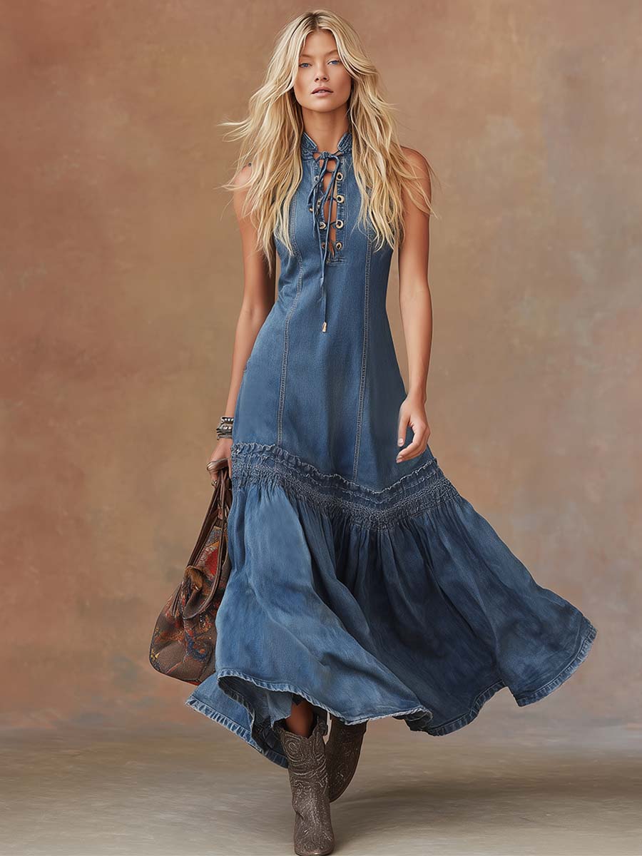 Women's Tie Neck Maxi Dress Sleeveless Bubble Hem Tailored Fit | Blue