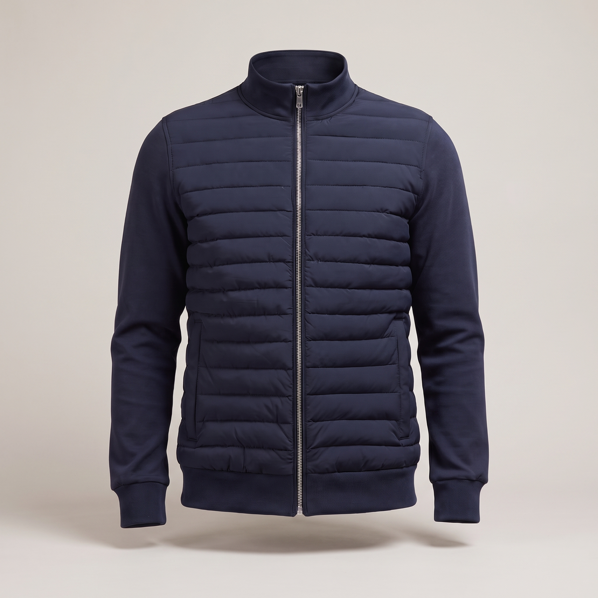 Men's quilted hybrid jacket with stand collar, long sleeves and front pockets