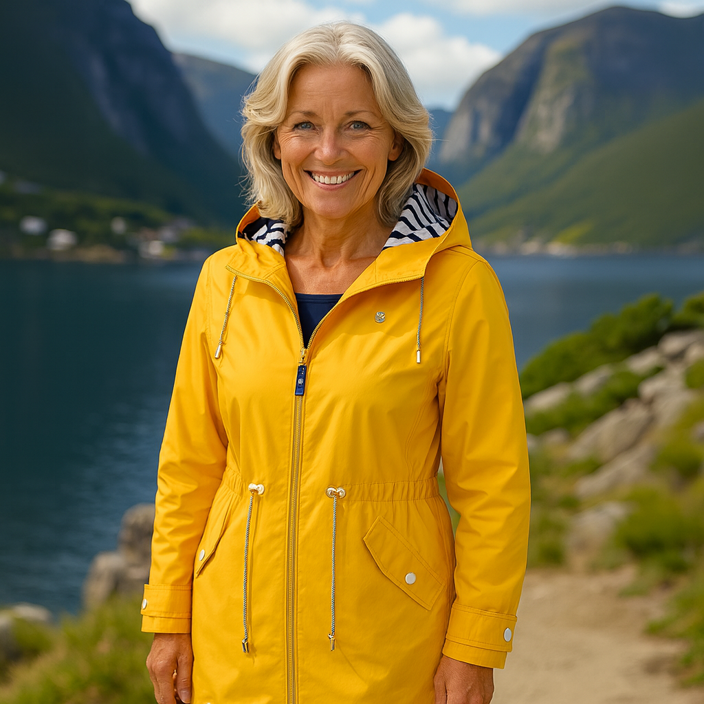 Women's hooded longline parka jacket with striped hood lining, zip front and drawstring waist