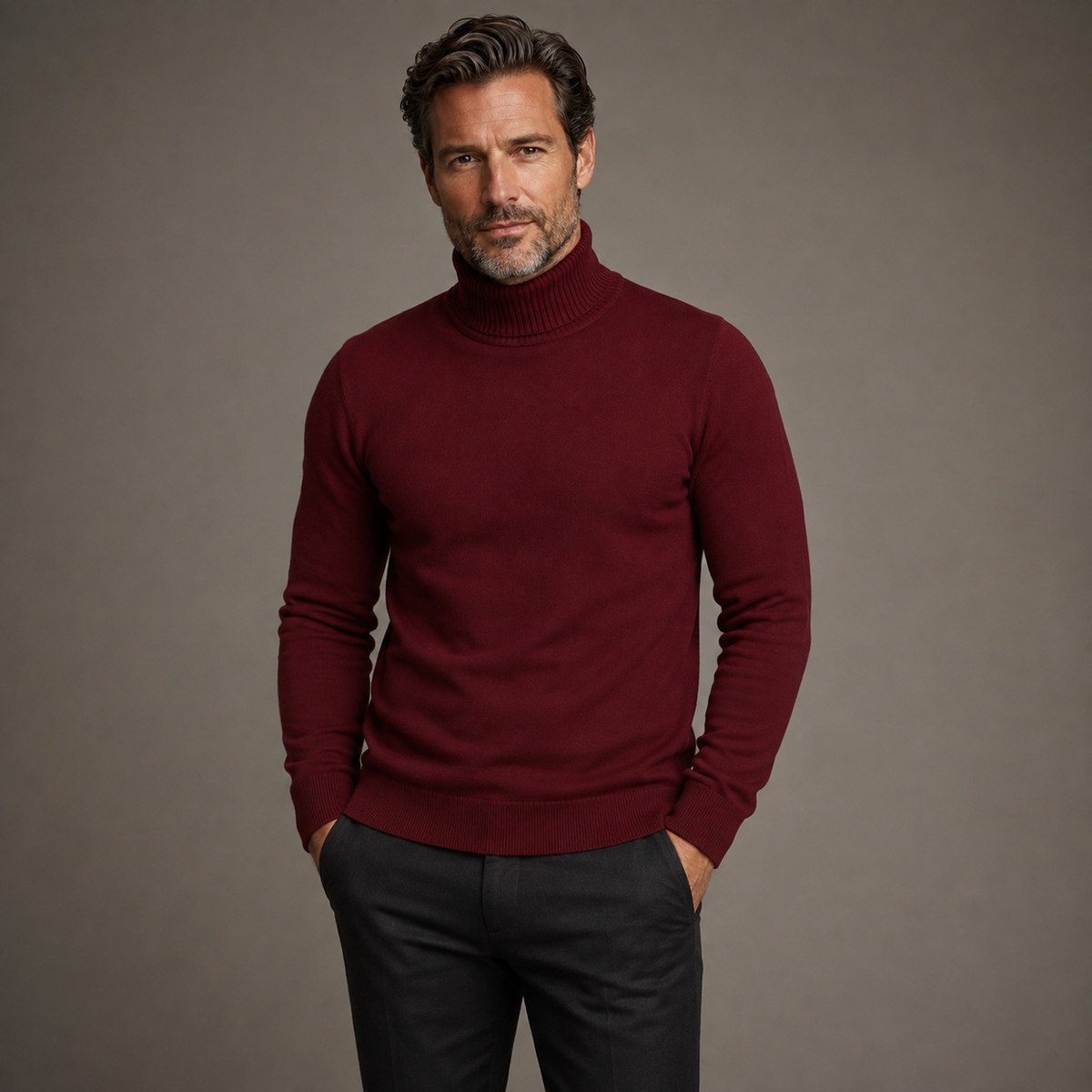 Men's plain long-sleeve turtleneck sweater with ribbed collar, cuffs and hem