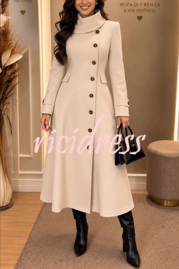 Women's beige flared midi coat with high collar, buttons and flap pockets