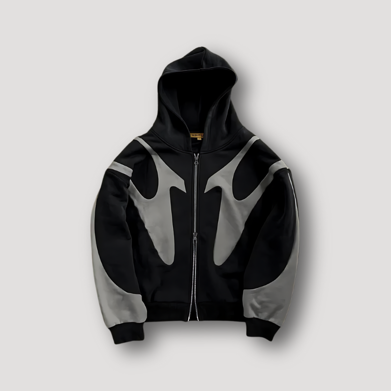Men's hooded zip-up hoodie with abstract contrasting graphic panels and long sleeves