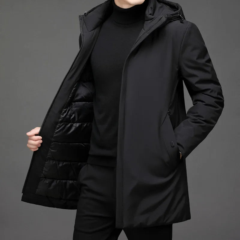Men's hooded winter coat with long sleeves and front zip