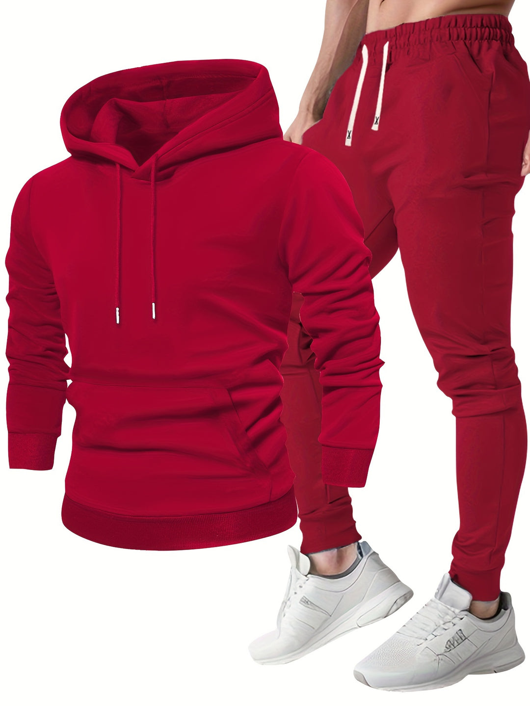 Men's hooded hoodie and jogger trousers set with drawstring details and tapered legs