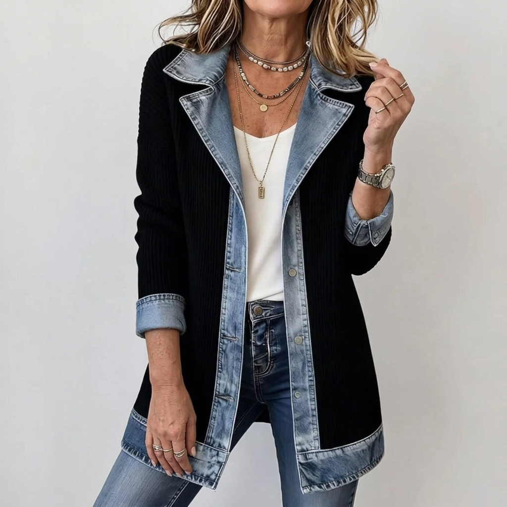 Women's longline jacket with ribbed body and contrasting blue trim
