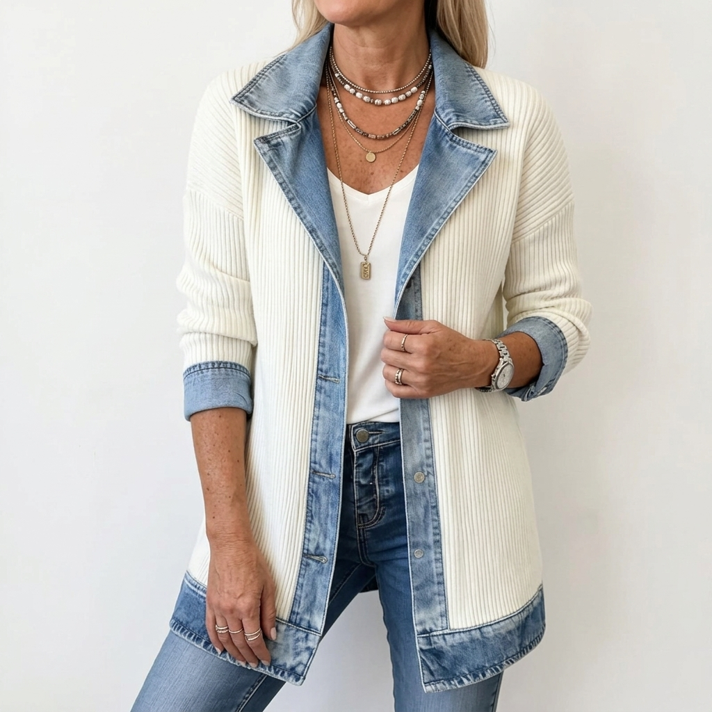 Women's longline jacket with ribbed body and contrasting blue trim