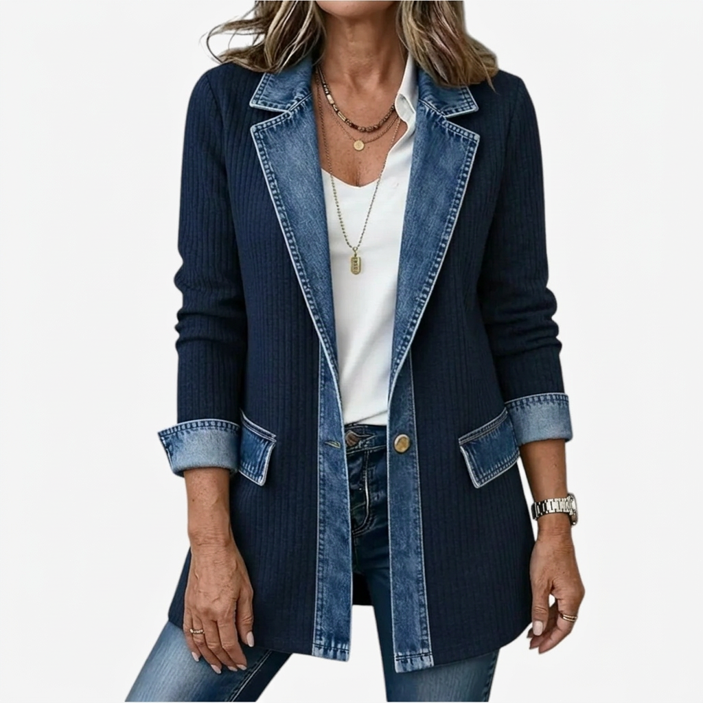 Women's longline jacket with ribbed body and contrasting blue trim