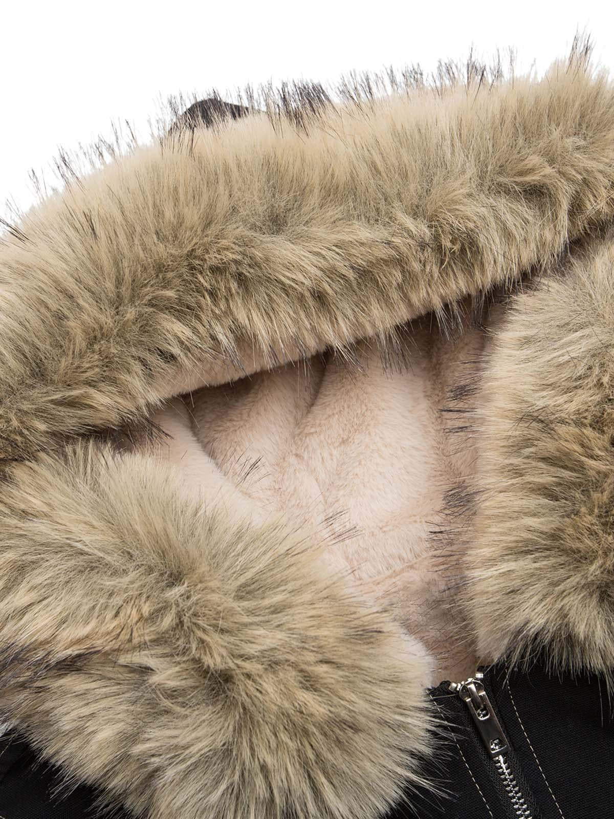 Brown women's hooded bomber jacket with fur-like trim, zip front and snap pockets