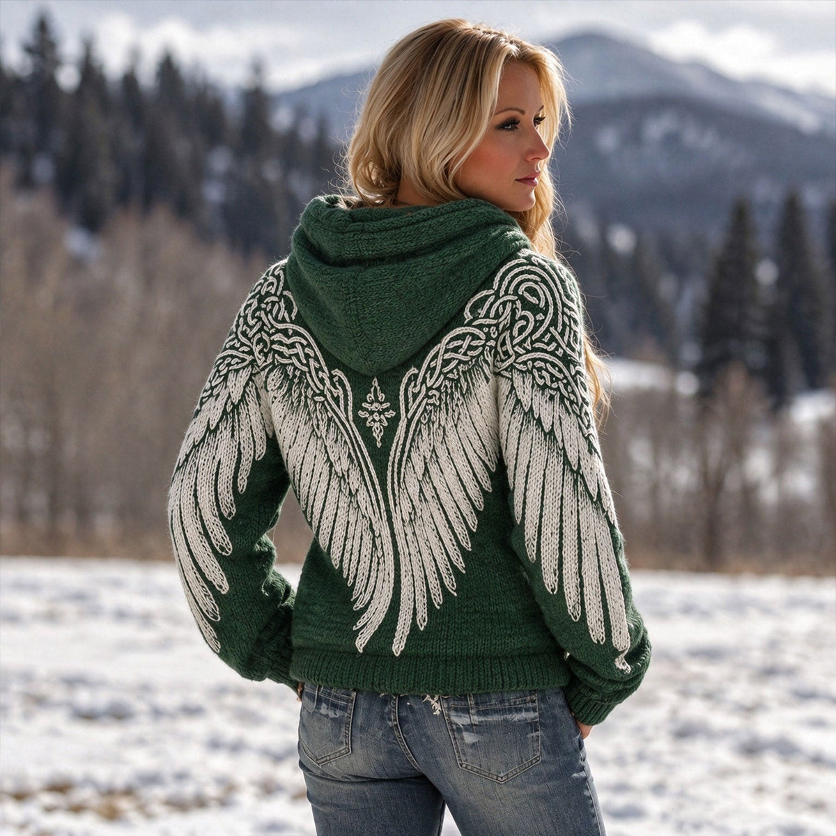 Women's hooded jumper with wing and Celtic knot jacquard motif