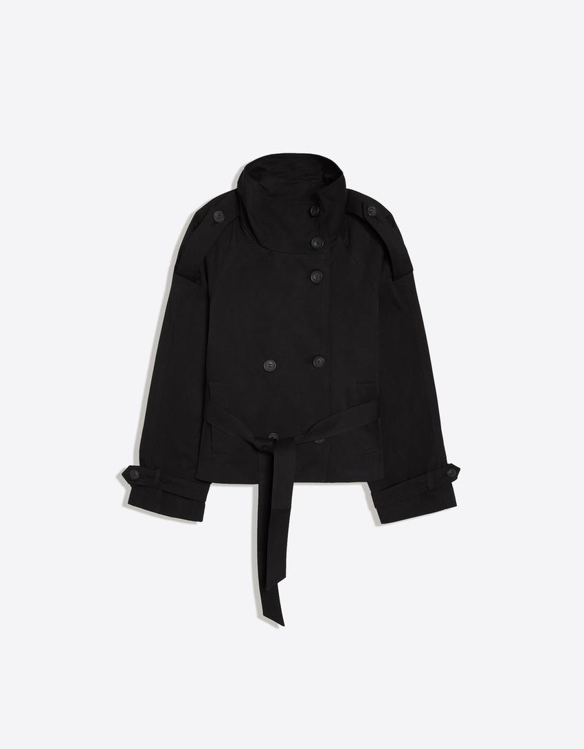 Women's cropped belted trench coat with high collar and long sleeves