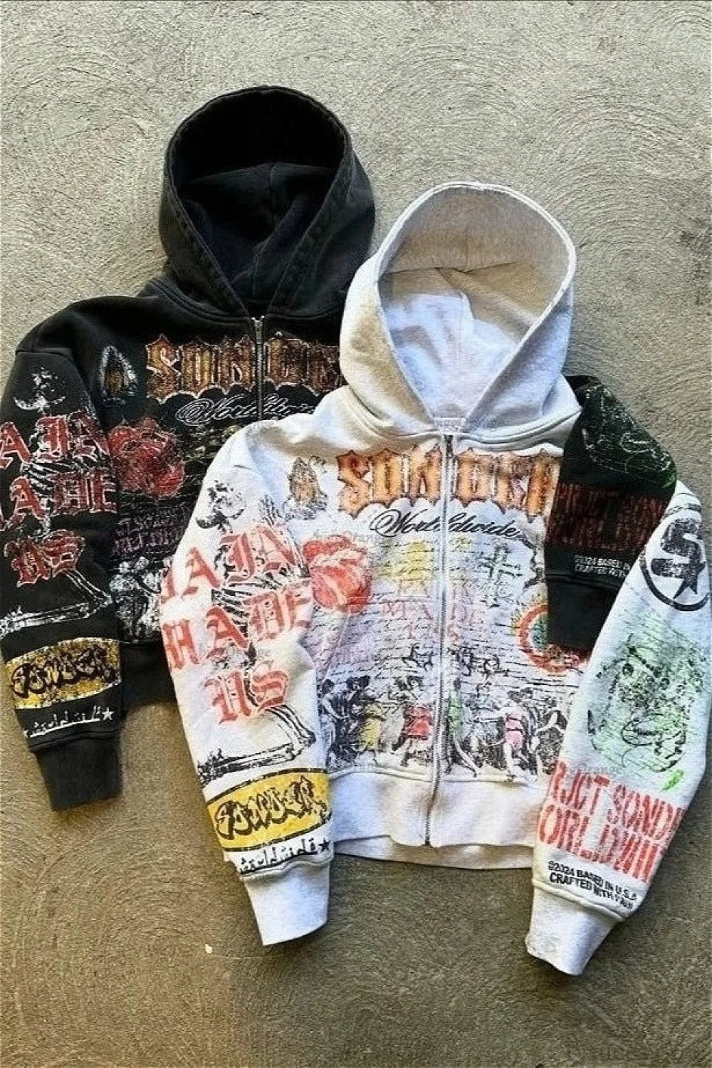 Graphic zip-up hoodie with hood, long sleeves and illustrated lettering panels