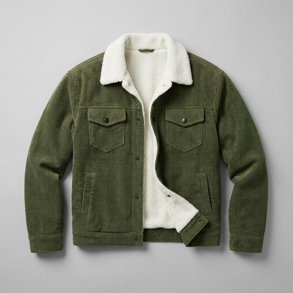 Men's corduroy jacket with contrasting sherpa-style collar, button front and multiple pockets