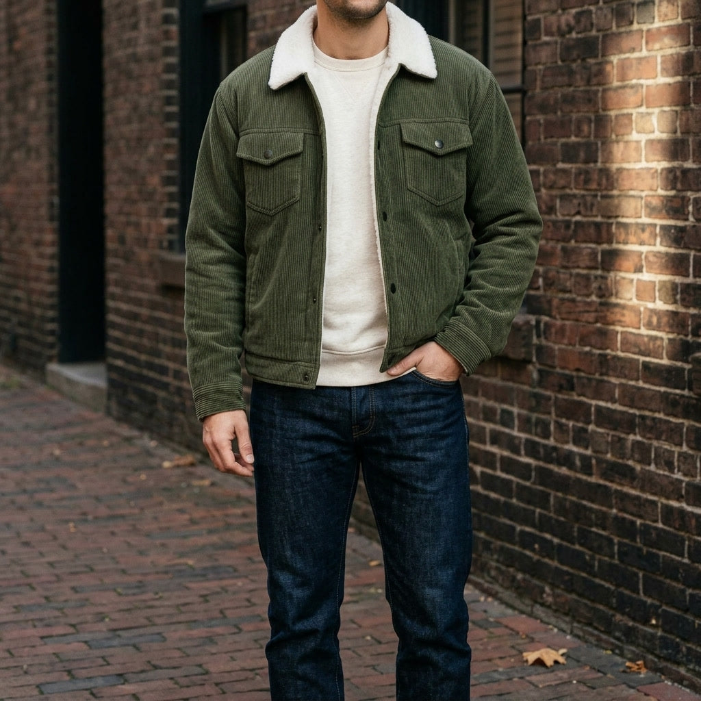 Men's corduroy jacket with contrasting sherpa-style collar, button front and multiple pockets
