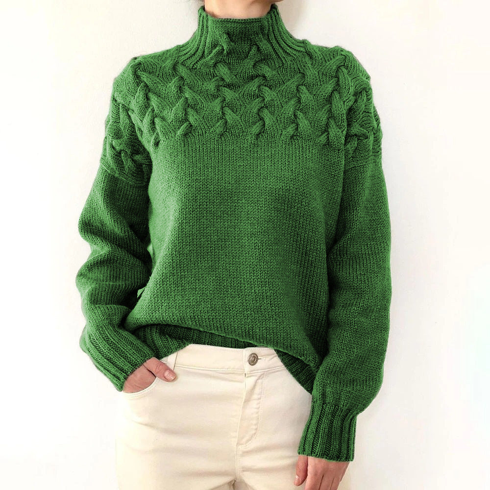 Women's cable-knit turtleneck sweater with long sleeves and ribbed trims
