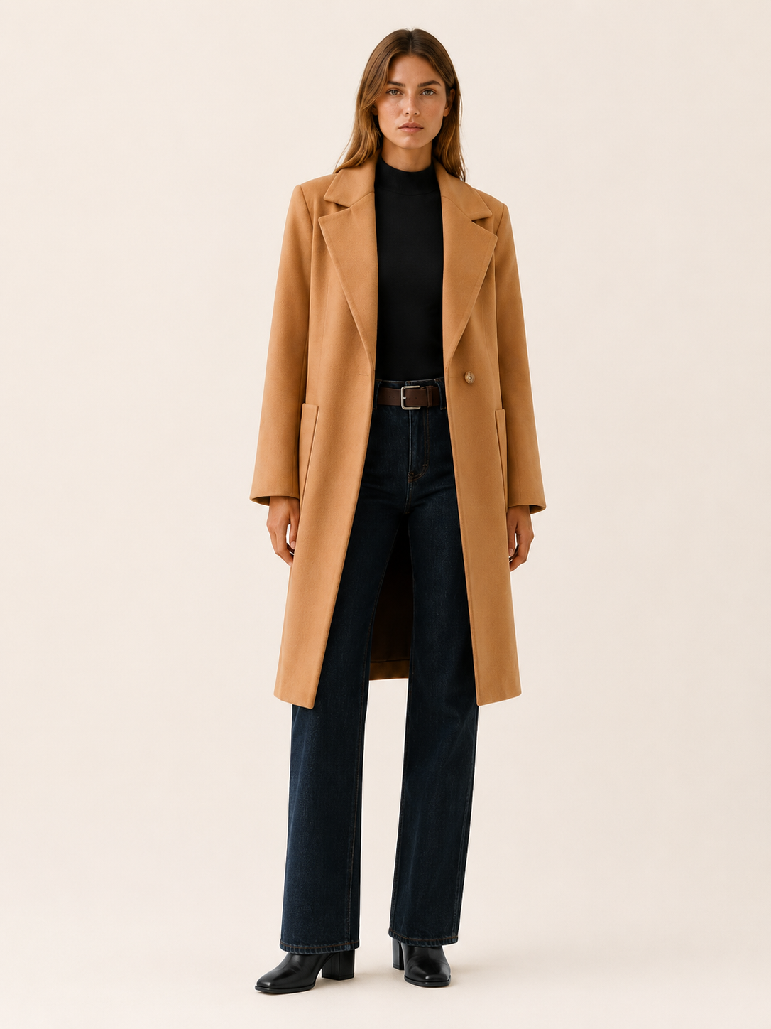 Women's long button-front coat with notched lapels and slanted pockets