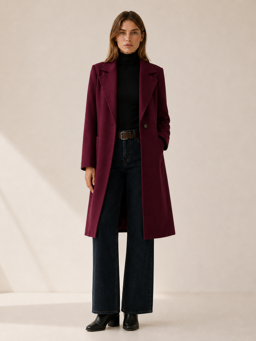 Women's long button-front coat with notched lapels and slanted pockets