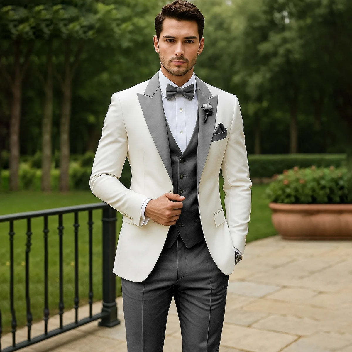 Men's three piece suit with notched lapel jacket, V-neck waistcoat and matching trousers