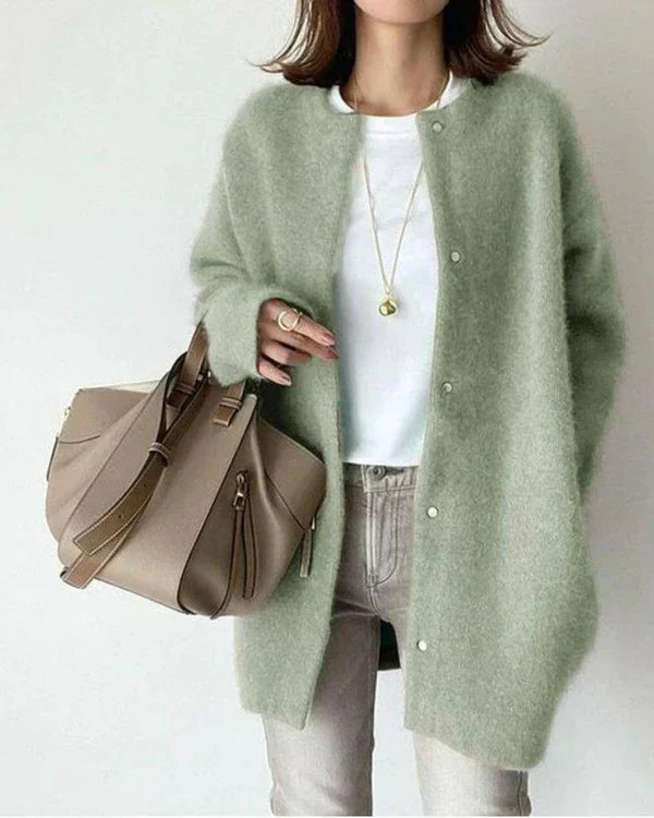 Women's longline cardigan with crew neck, long sleeves and button front