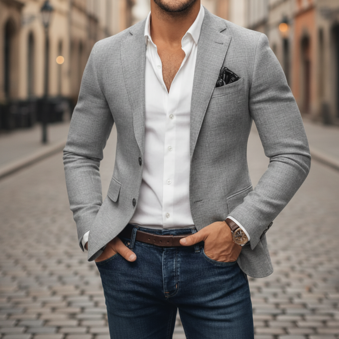 Men's slim-fit woven blazer with notch lapels and single-button fastening