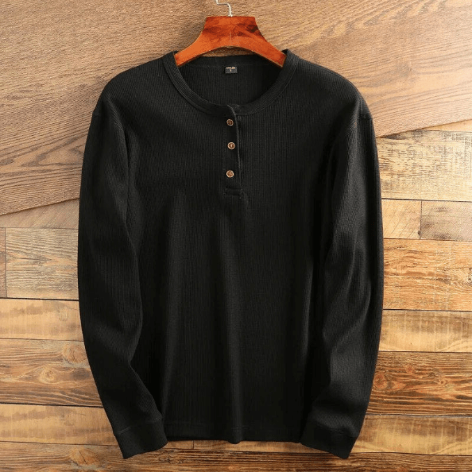 Men's Waffle Knit Henley Top Long Sleeve - Black