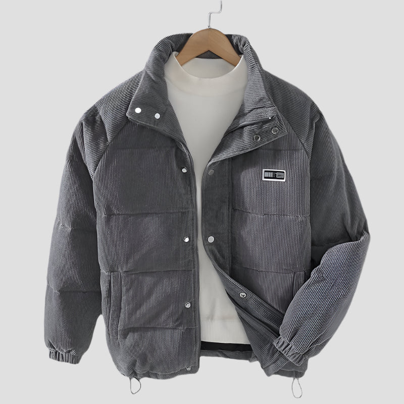 Men's corduroy puffer jacket with high collar and quilted panels